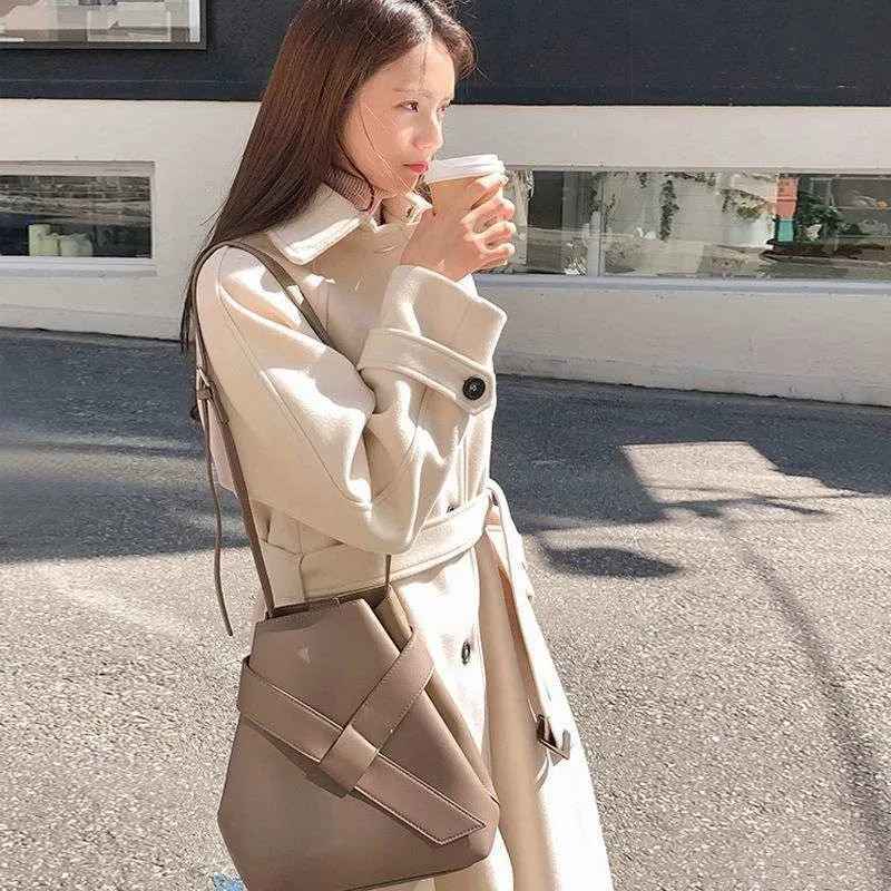 Coat Spring And Autumn 2021 Autumn And Winter Korean Version Thickened Cotton Sand Medium Length Waist Lace Up Wool Coat Women's