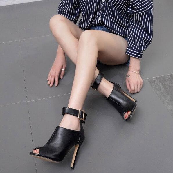 GOOSHOE Cut Out Ankle Band Wrap Peep Toe Stiletto High Heel Sandals