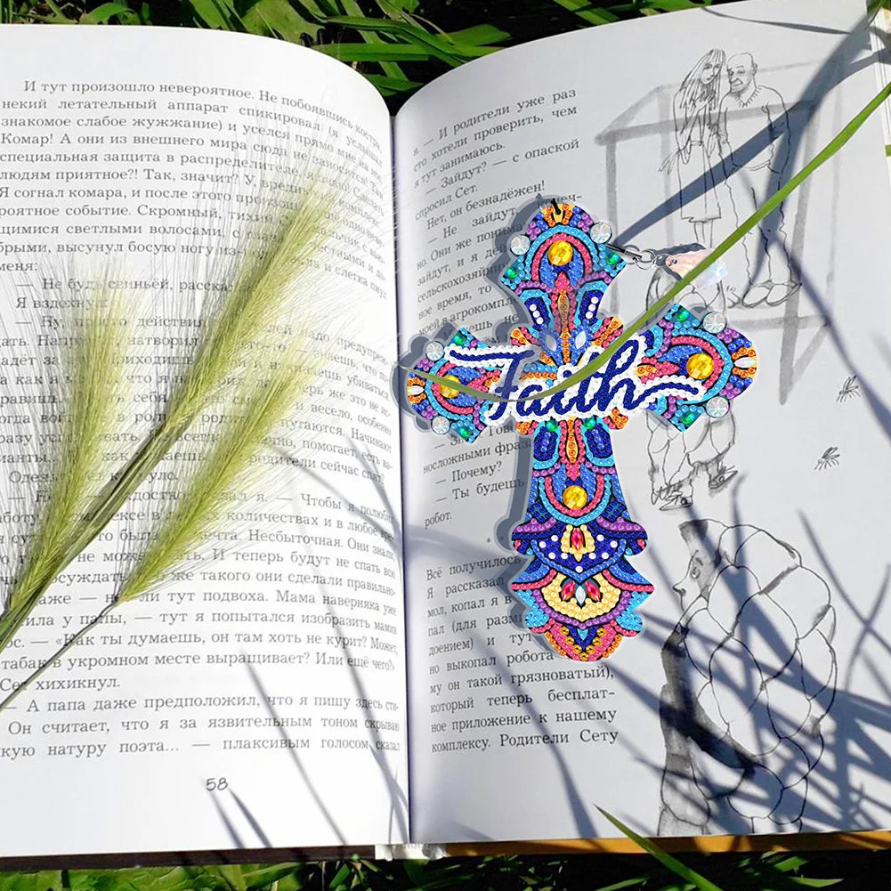 6pcs DIY Cross Diamond Painting Bookmarks with Crystal Pendant(Single Sided)