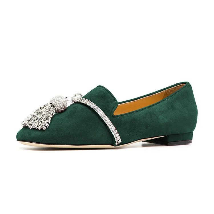 Green Vegan Suede Rhinestone Ornament Flat Loafers for Women |FSJ Shoes