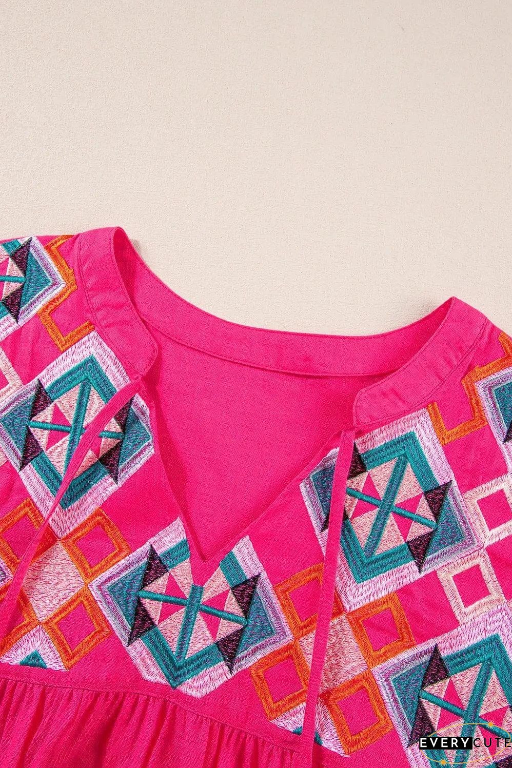 Strawberry Pink Geometric Embroidered Tassel Tie V Neck Blouse