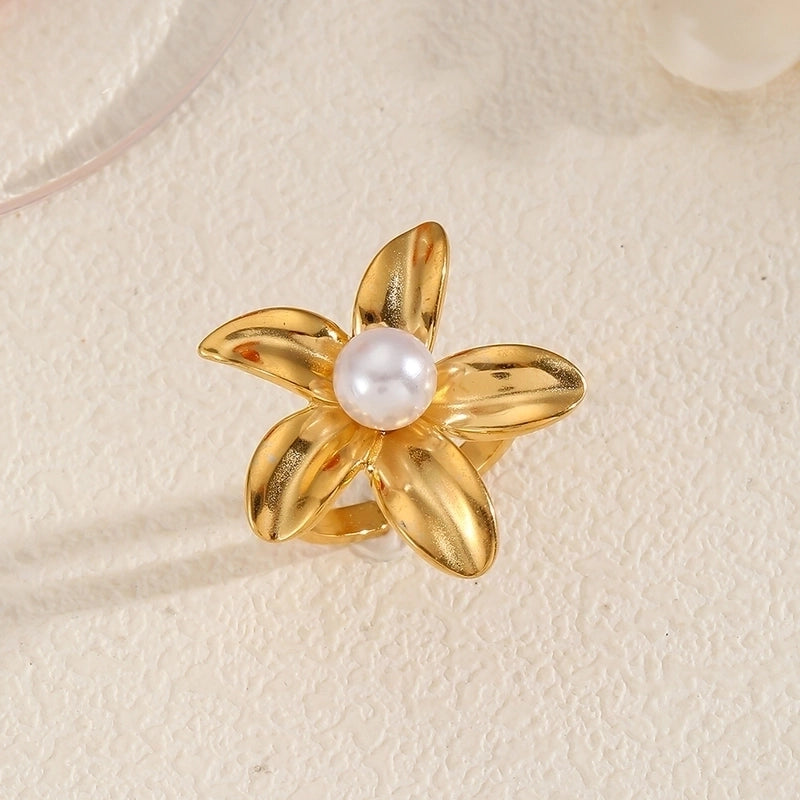 Elegant Flower 304 Stainless Steel Pearl Inlay Open Rings