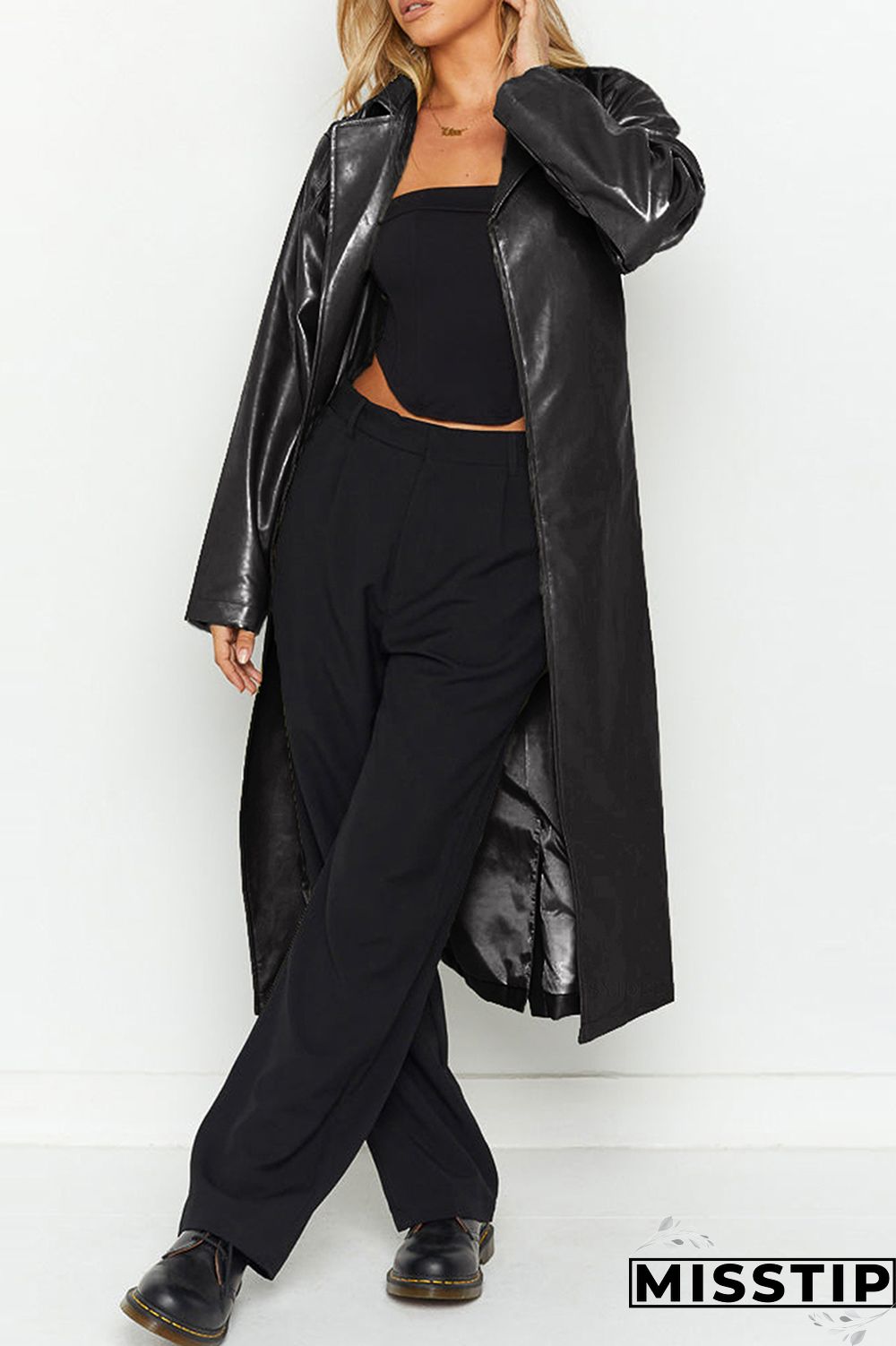 Black Elegant College Solid Solid Color Turn-back Collar Outerwear