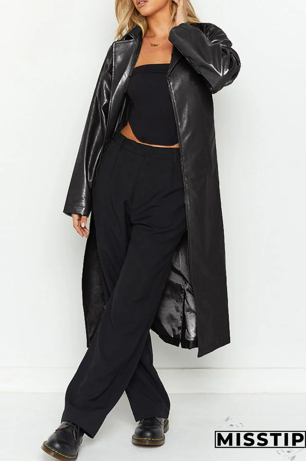 Black Elegant College Solid Solid Color Turn-back Collar Outerwear