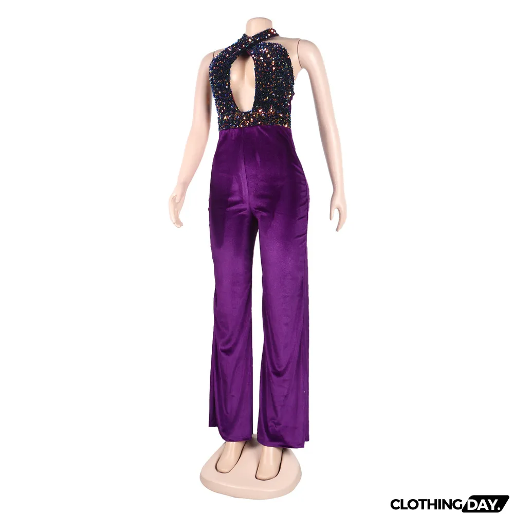 Sexy Sequins Halter Neck Lace-Up Jumpsuit Clubwear