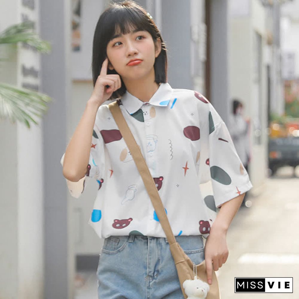 Cartoon Bear Print Lapel Casual T-Shirt