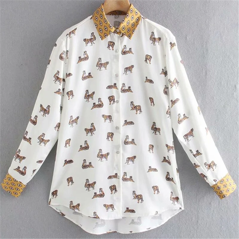 Snican White Tiger Animal Print Satin Shirts Casual Office Ladies Blouse Za Chemise Women 2021 Chemisier Femme Spring Surchemise