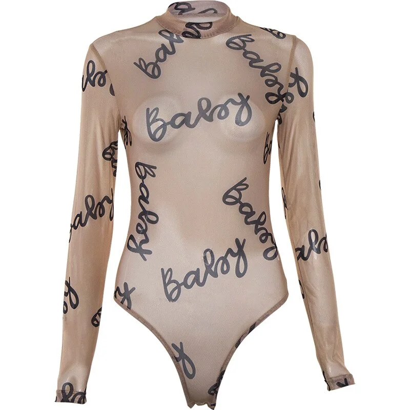 2020 Summer Sexy Letter Print Transparent Mesh Bodysuits Long Sleeve See Through Baby Bodycon Rompers Women Jumpsuits