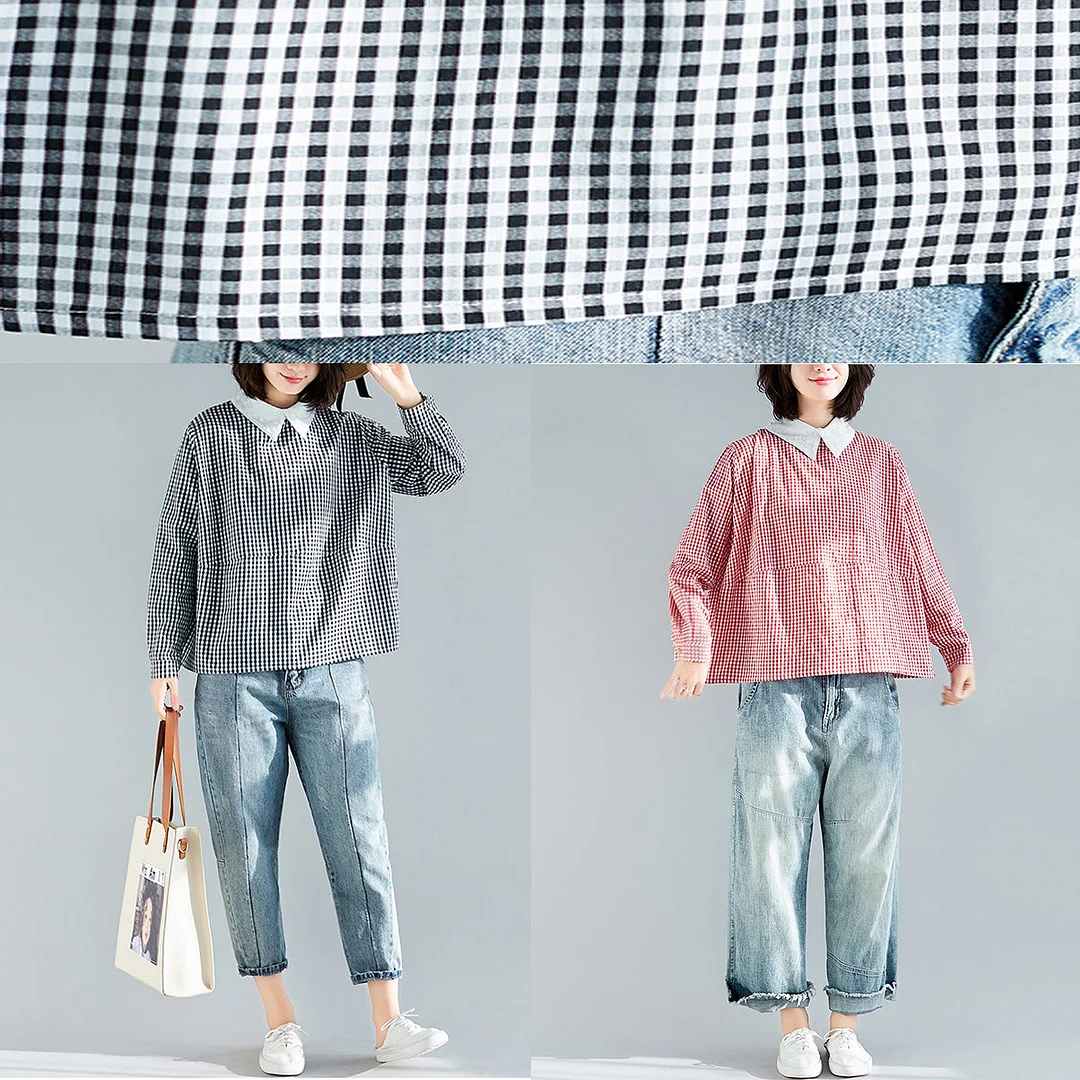 Elegant black plaid cotton clothes boutique Fabrics pullover silhouette spring blouse