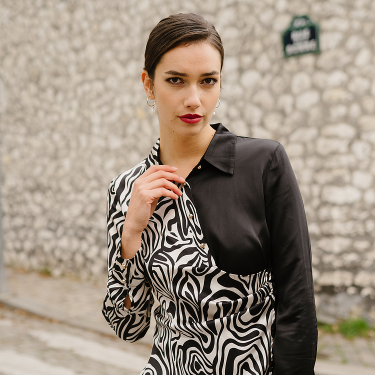 Black And White Pattern Stitching Women's Silk Shirt-Chouchouhome