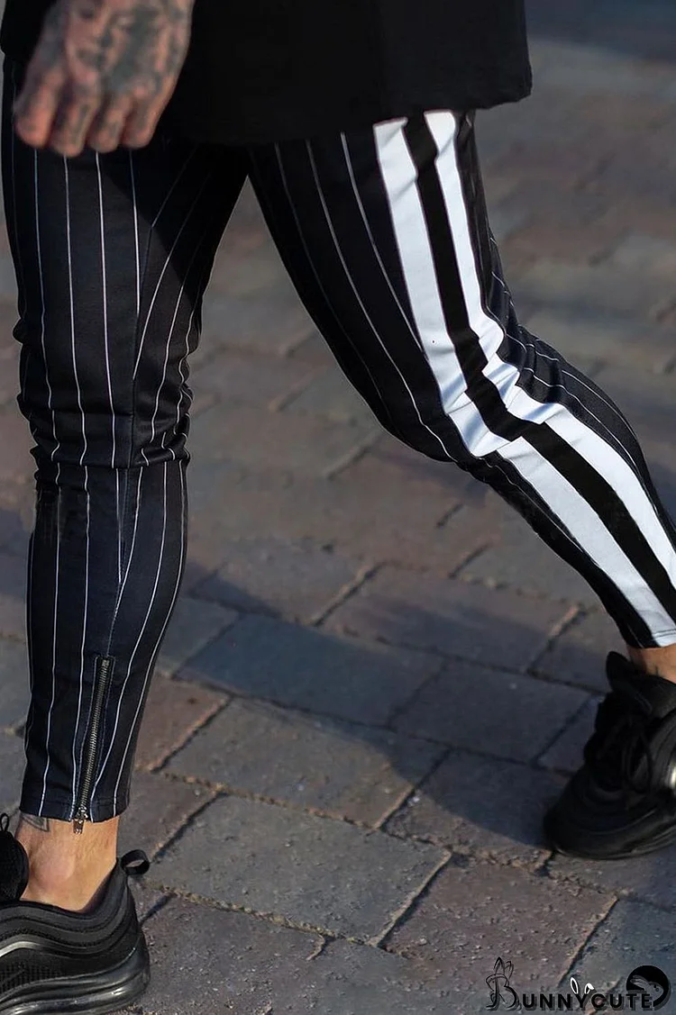 Black Fashion Casual Striped Split Joint Mid Waist Pencil Bottoms