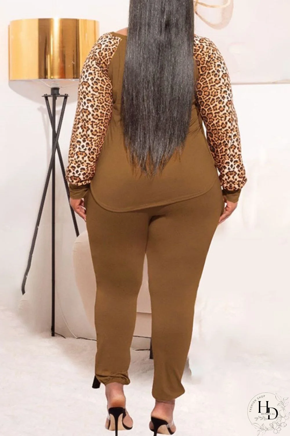 Black Casual Print Leopard Patchwork O Neck Plus Size Two Pieces