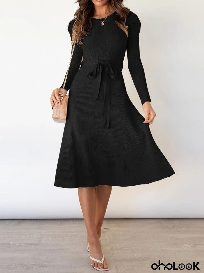 Women's Dresses Puff Long Sleeve Belted Knit Dress