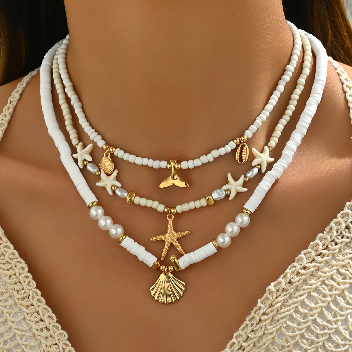 Bohemian Soft Clay 3pcs\u002Fset Stacked Necklace - Imitation Pearl Rice Bead Scallop Starfish Fish Tail - Suitable for Women's Daily Matching in Autumn and Winter