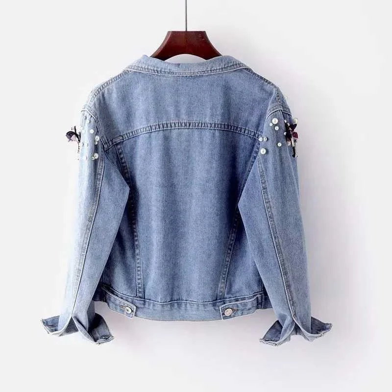 2021 Autumn Denim Jacket Coat Women Beading Loose Overcoat Jeans Jacket Basic Coats Streetwear Long Sleeve Casual Outerwear