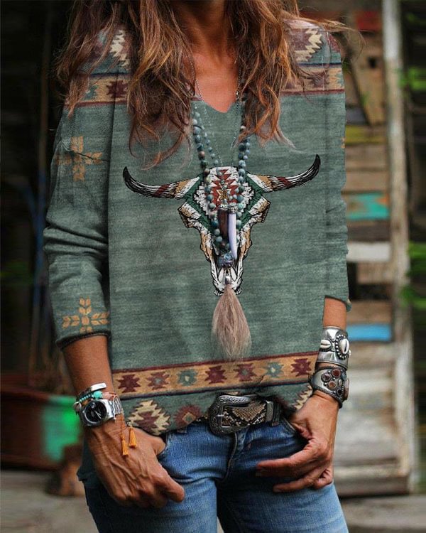 Women's Vintage Check Print V-Neck Top