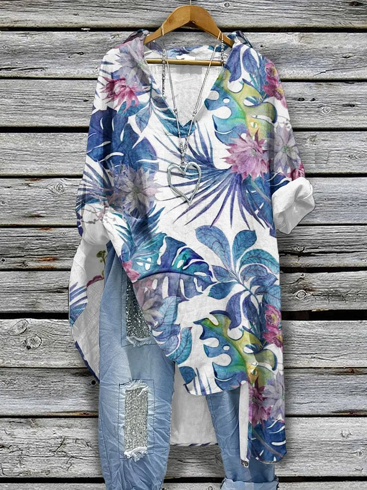 Women's Vintage Vacation Flowers Pattern Print Casual Cotton And Linen Shirtdress