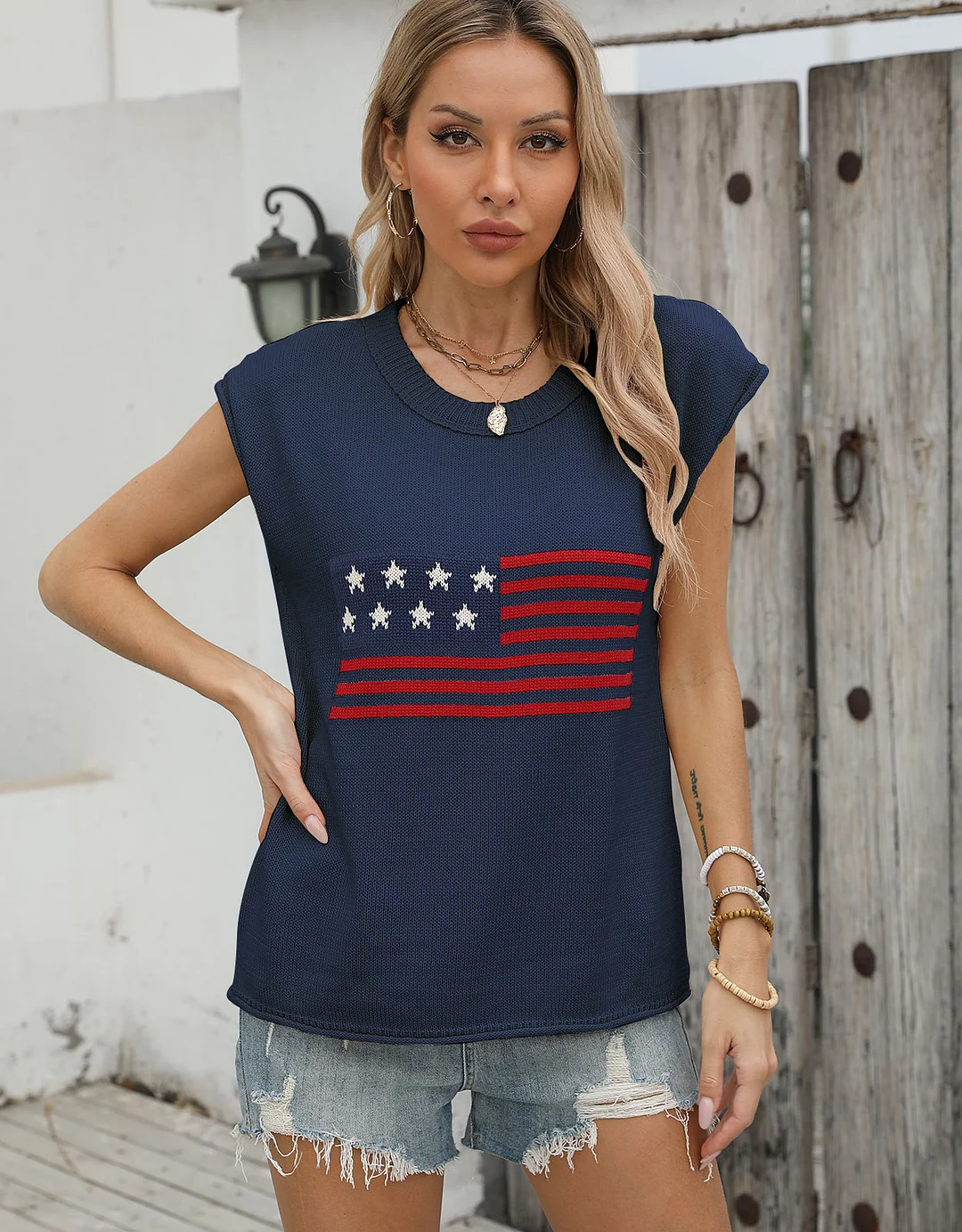 Athvotar Athvotar New Hot Independent Yen Collar Flag Top Solid Color Knit Shirt Short-Sleeved Sweater Woman