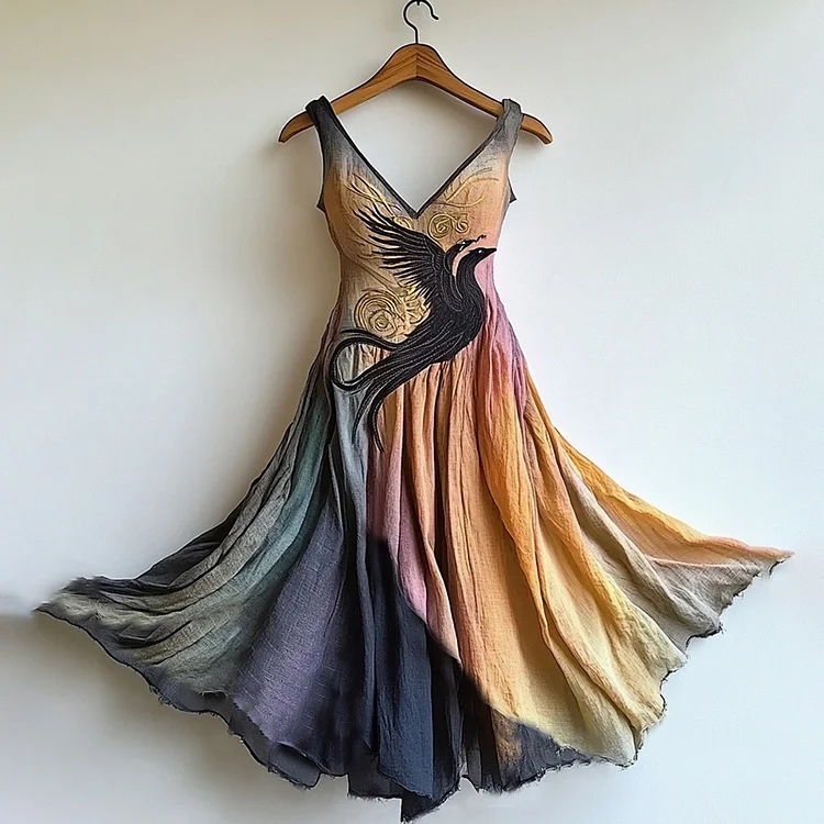 Women's Nordic Mythology Crow Gradient Linen Midi Dress