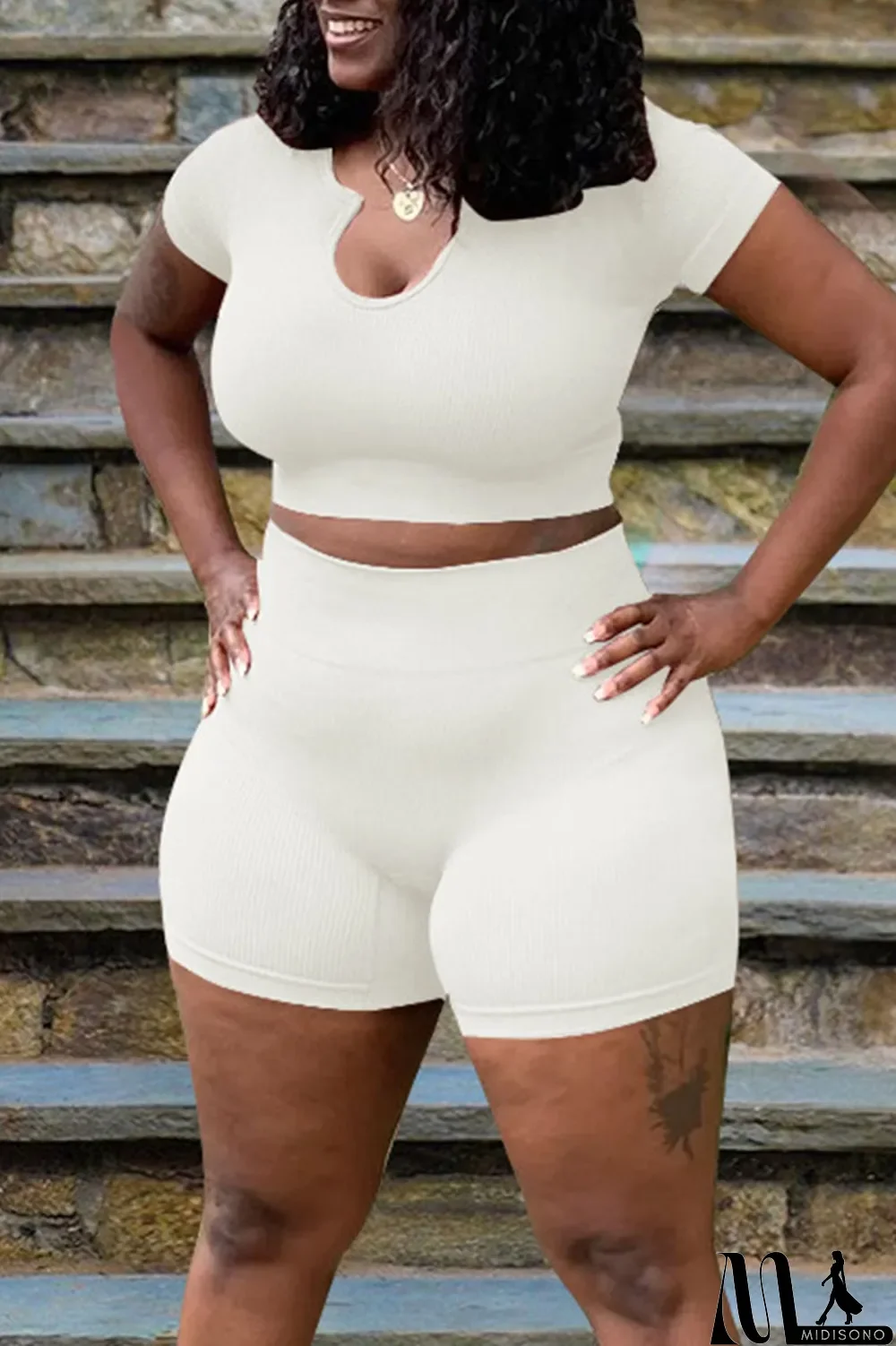 MidiSono - White Casual Solid Split Joint V Neck Plus Size Two Pieces