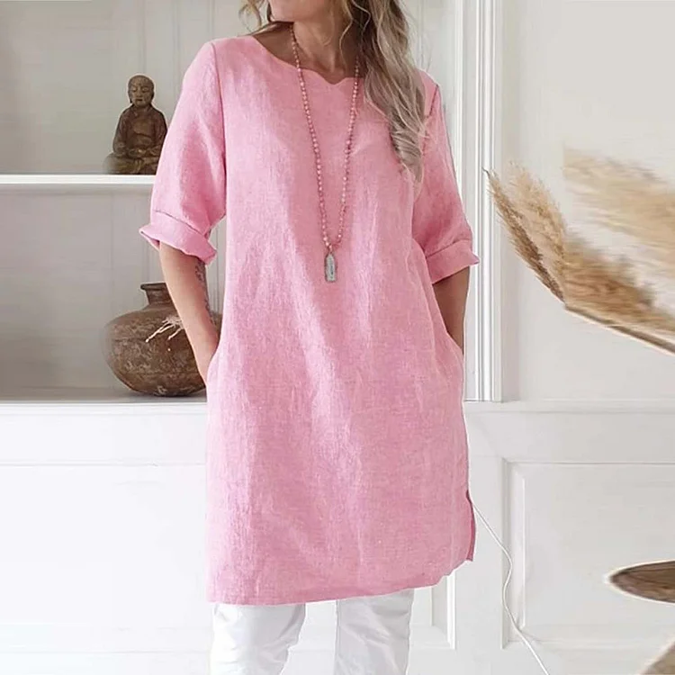Cotton and Linen Short Sleeve round Neck Pocket A- line Skirt
