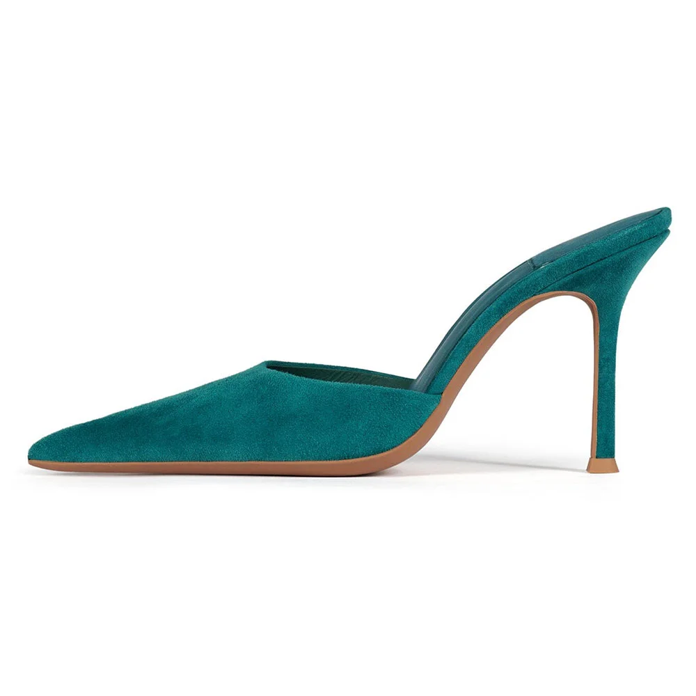 Teal Vegan Suede Pointed Toe Slip-On Stiletto Heeled Mules