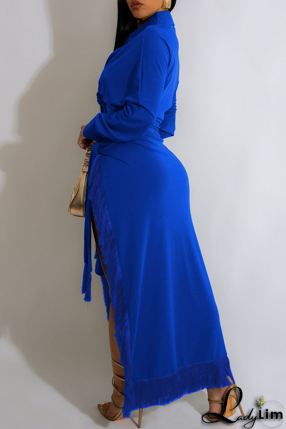 Blue Casual Solid Frenulum Slit Turndown Collar Long Sleeve Two Pieces
