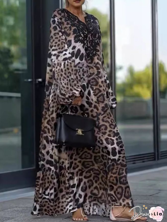 Leopard Print V Neck High Waist Plus Size Dresses