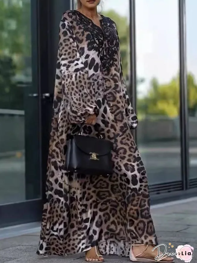 Leopard Print V Neck High Waist Plus Size Dresses