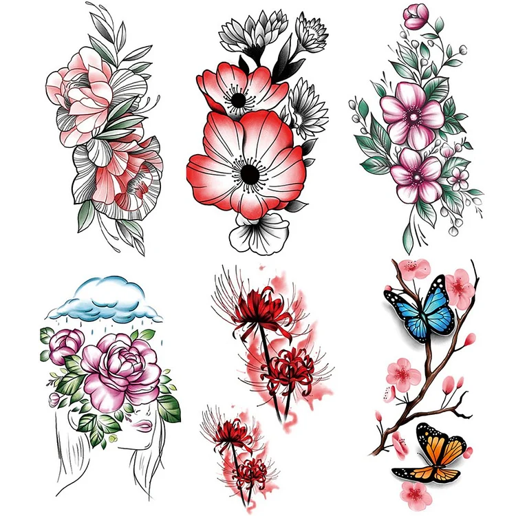 6 Sheets Butterlfy Flower Watercolor Temporary Tattoo Sticker