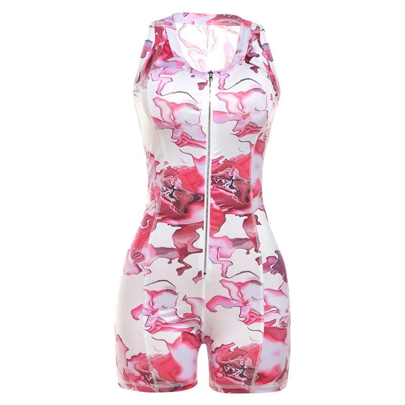Ueong / Summer 2024 Women's New Personalized Retro Print Zipper Design Sleeveless Tight Jumpsuit