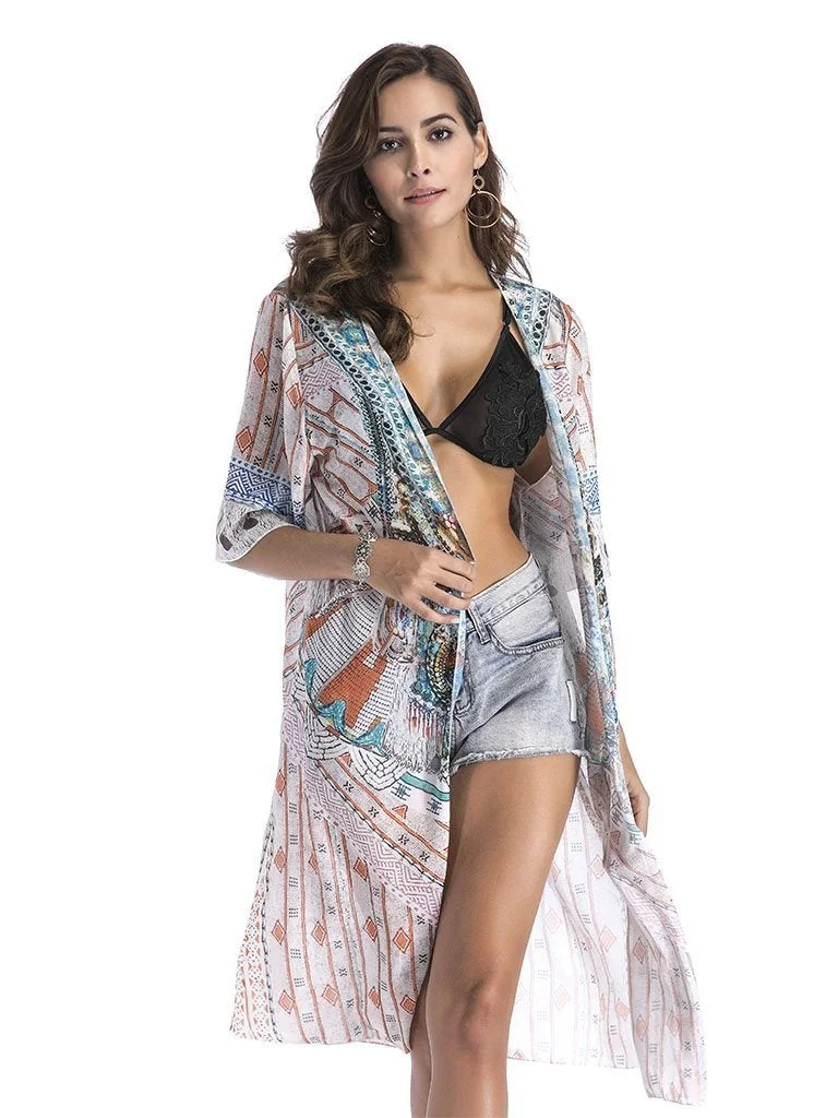 Women's Beach Tops Cover Ups National Printed Long Kimono Cardigan