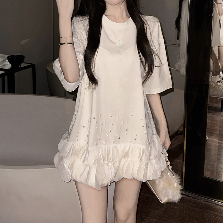 Round Neck Rhinestone Mesh A-Line Loose T-Shirt Dress