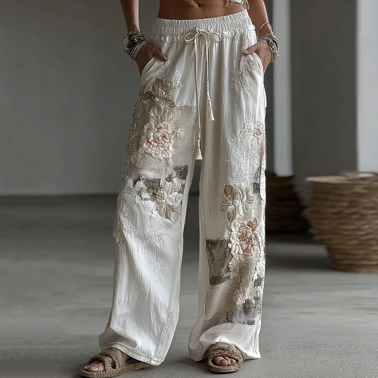 Women's Retro Floral Patchwork Art Casual Linen Pants