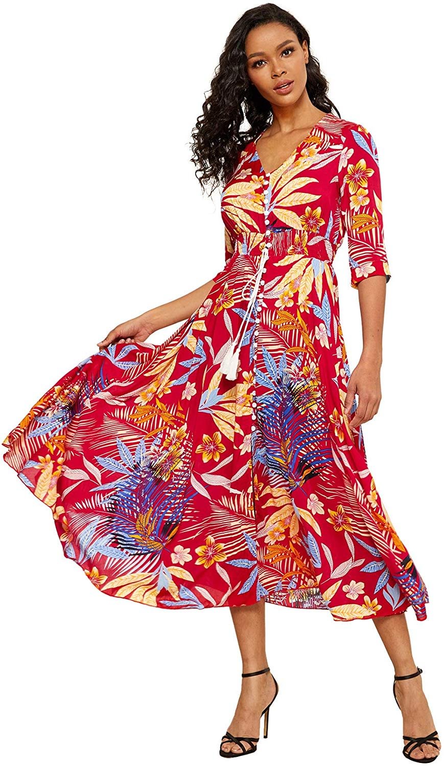 Button Up Split Floral Print Flowy Party Maxi Dress for women