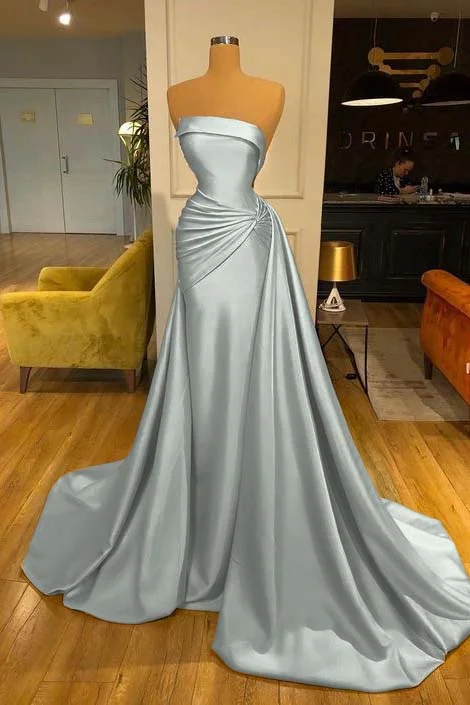 Elegant Strapless Baby Blue Mermaid Evening Dress Long With Ruffle PD0616