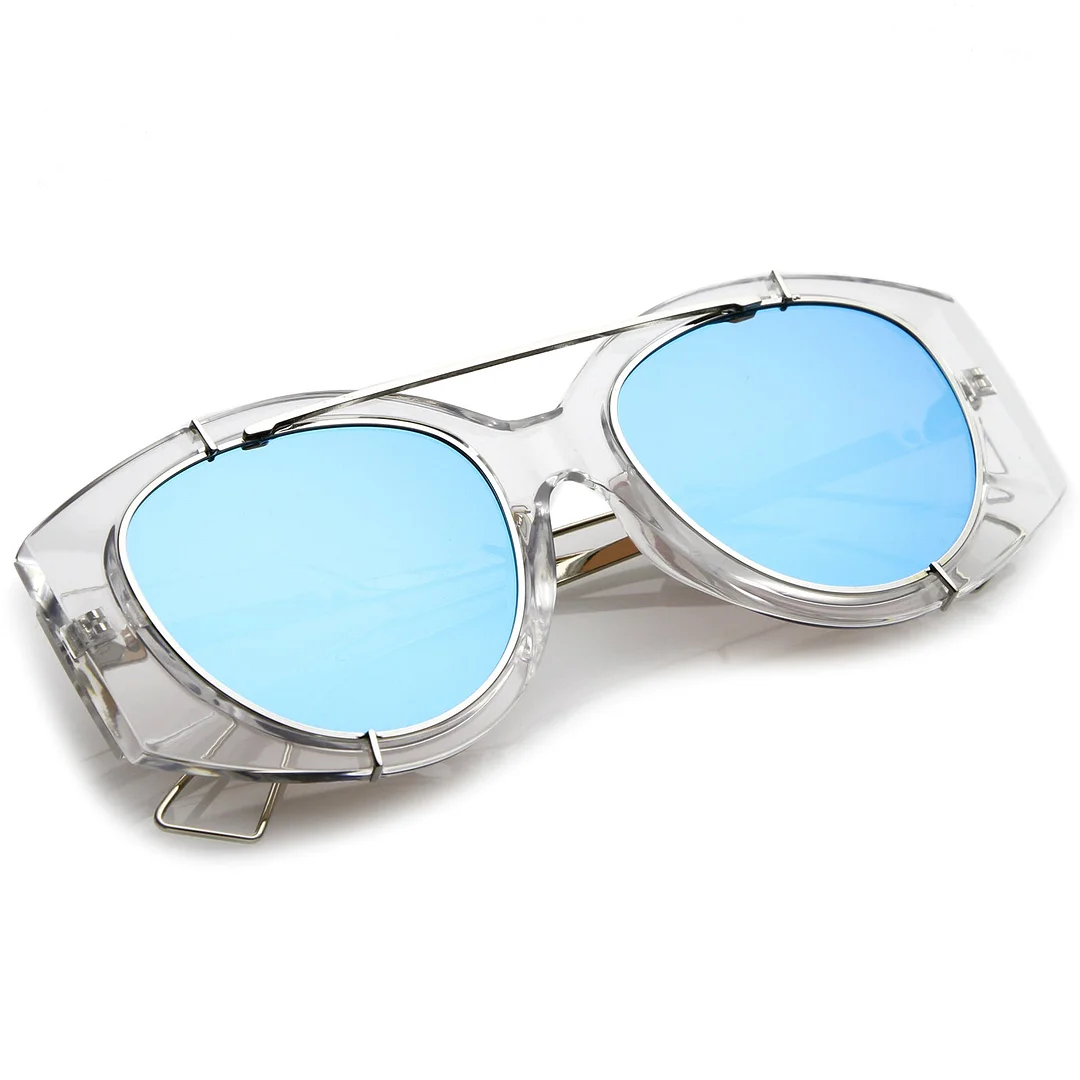 Futuristic Translucent Wire Metal Arms Crossbar Mirrored Flat Lens Oversize glasses 53mm