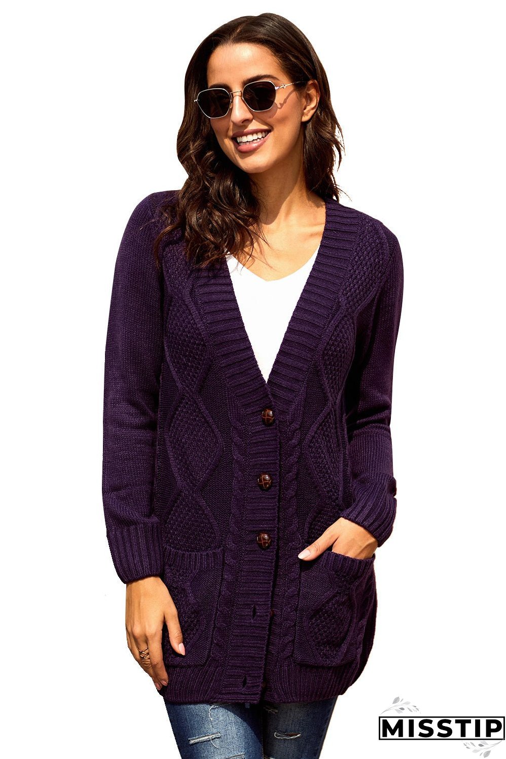 Women Purple Front Pocket And Buttons Closure Cardigan