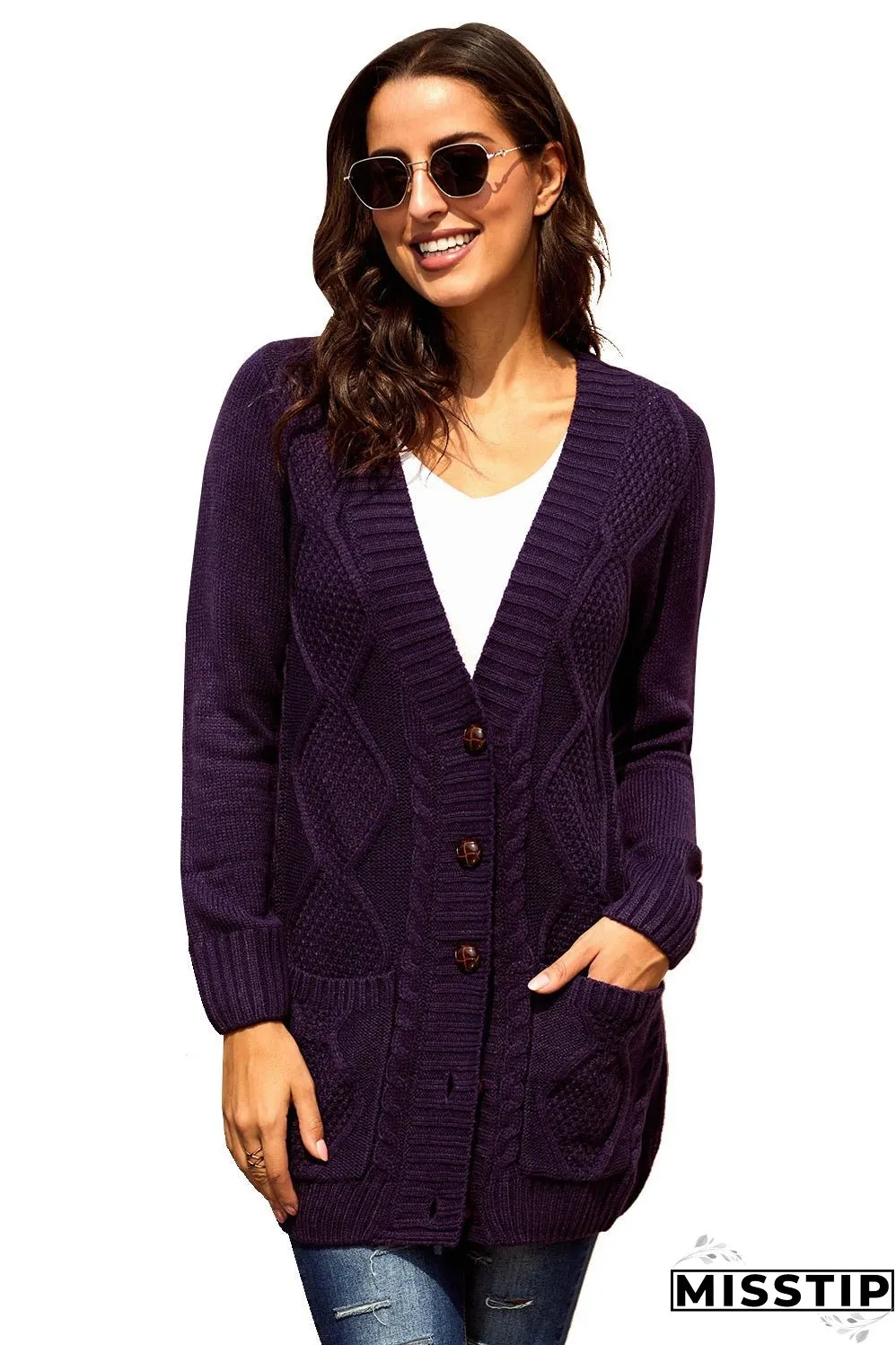 Women Purple Front Pocket And Buttons Closure Cardigan