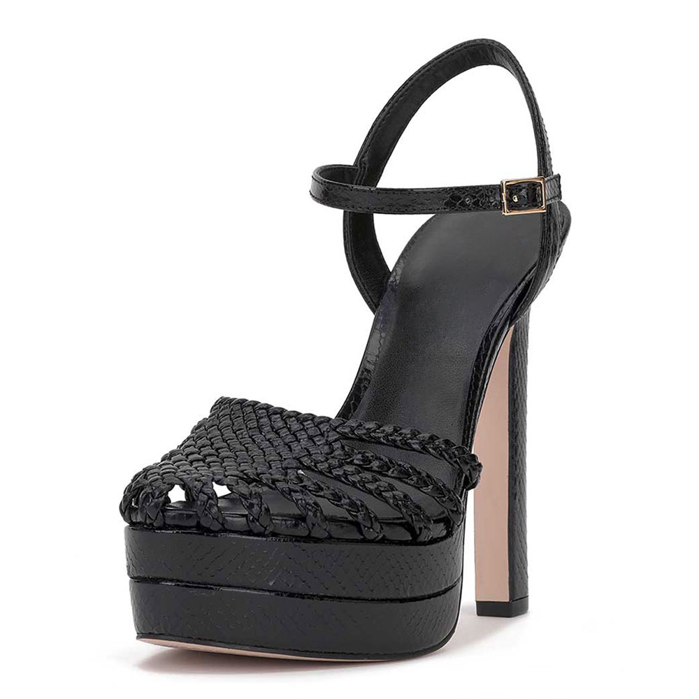 Black Woven Round Toe Chunky Heel Buckle Ankle Strap Platform Sandals Nicepairs