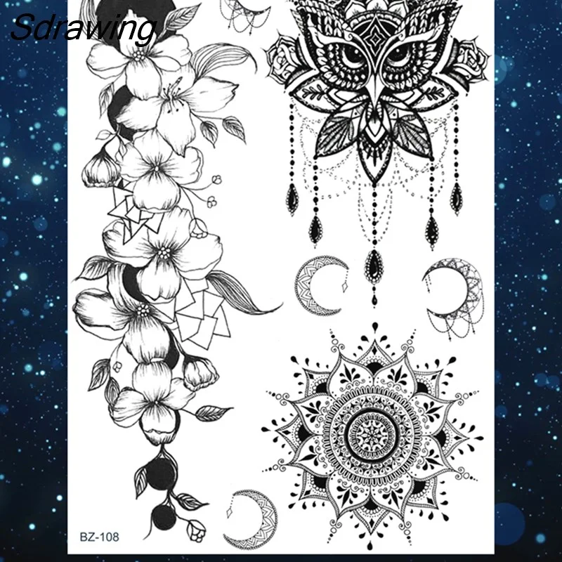Sdrawing Henna Temporary Tattoos For Women Girls Feather Butterfly DreamCatcher Fake Gem Tattoo Sticker Chest Arm Tatoos Tribal 328-1