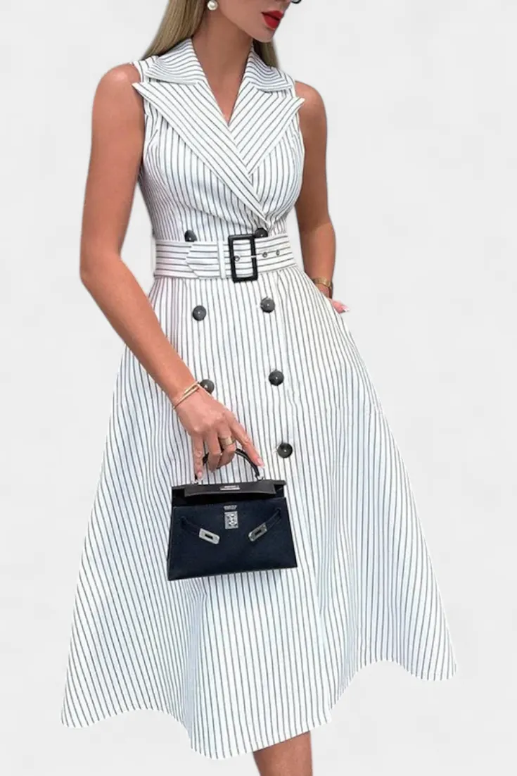 Structured Striped Sleeveless Midi Dress with Belt