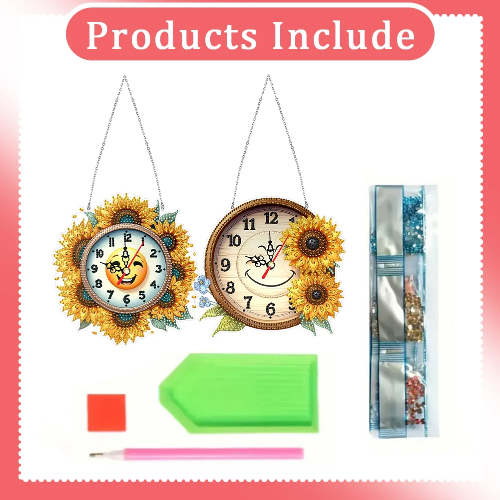 2Pcs Sunflower DIY Diamond Painting Ornament with Clock Function Home Decor Art