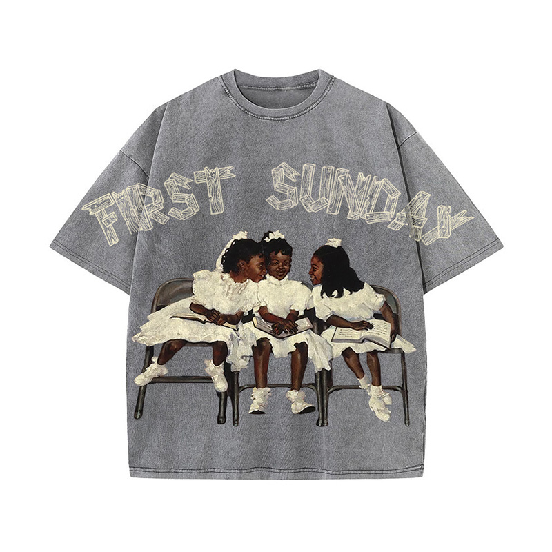 Retro First Sunday Faith Graphic Print Acid Washed T-Shirt