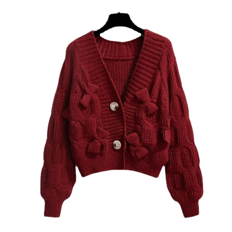 Churchf Churchf Three-Dimensional Bow Knot Short Sweet Wind Cardigan Coat Women's 2024 Autumn And Winter New Loose Knit Jacket Women