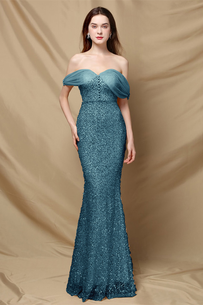 Pretty Light Blue Off Shoulder Mermaid Sequins Long Evening Party Dresses, DP5543 main image 0