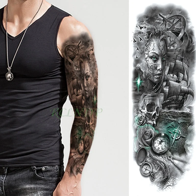 Waterproof Temporary Tattoo Sticker Anubis Ancient Egypt Dog Roma Clock Eye Full Arm Fake Tatto Flash Tatoo Sleeve for Men Women