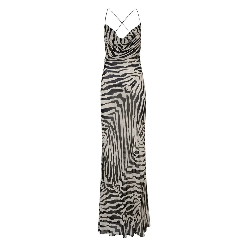 Julissa Mo 2022 Zebra Print High Split Hollow Out Long Dress Backless Strap Party Dresses For Women Sexy Halter Bandage Vestido