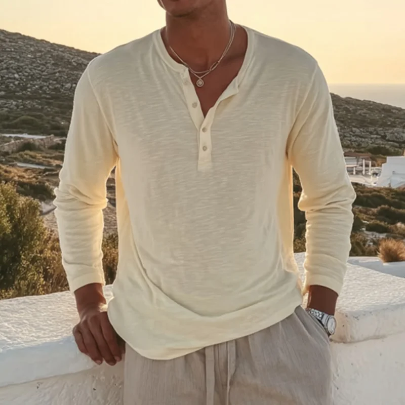 Men's Yellow Light Breathable Holiday Loose Casual Long-sleeved T-shirt-inspireuse