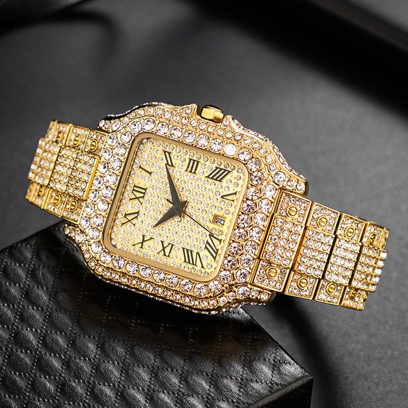 MISSFOX Watch Live Popular Hip Hop Ice Watch Full Diamond Square Roman Scale Men's Quartz Watch